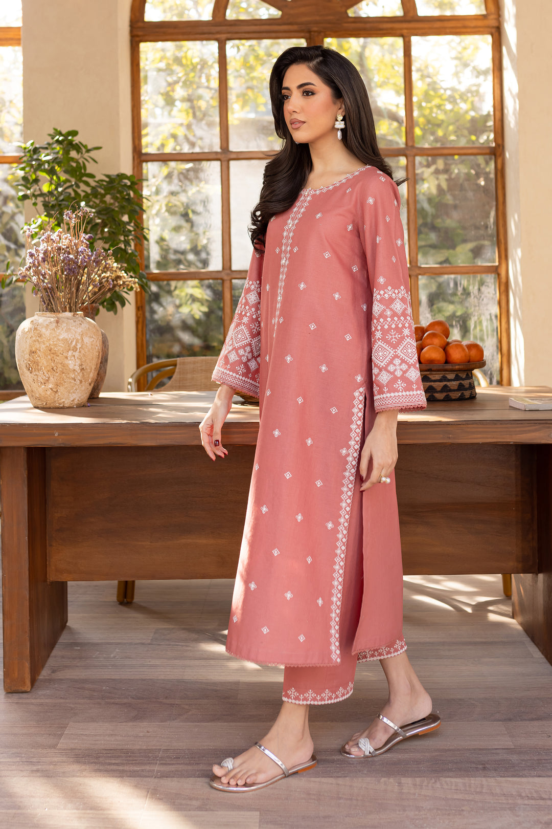 Coral - 2Pc Stitched Embroidered Lawn Dress