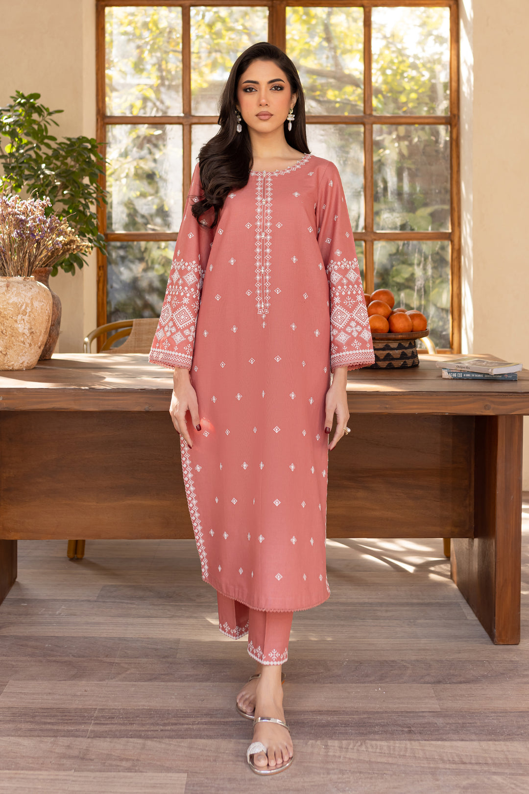 Coral - 2Pc Stitched Embroidered Lawn Dress